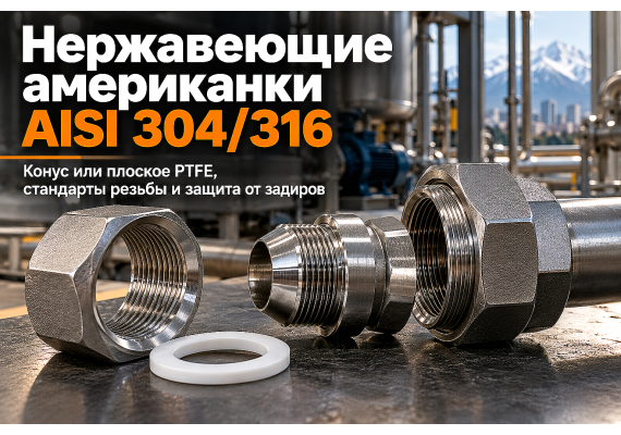 Муфты разъемные нержавеющие (американки) AISI 304 и 316: конусное и плоское уплотнение, стандарты резьбы и монтаж в Казахстане