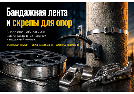 Бандажная нержавеющая лента и скрепы для опор: выбор типоразмера, марок AISI 201/304 и правила натяжения