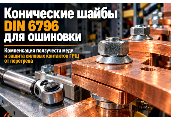 Конические пружинные шайбы DIN 6796 для ошиновки электрощитов: компенсация ползучести меди, расчет затяжки и монтаж в Алматы