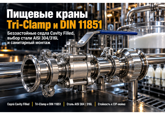 Краны нержавеющие пищевые Tri-Clamp и под молочную муфту DIN 11851: выбор стали AISI 304/316L, беззастойные седла и санитарный монтаж