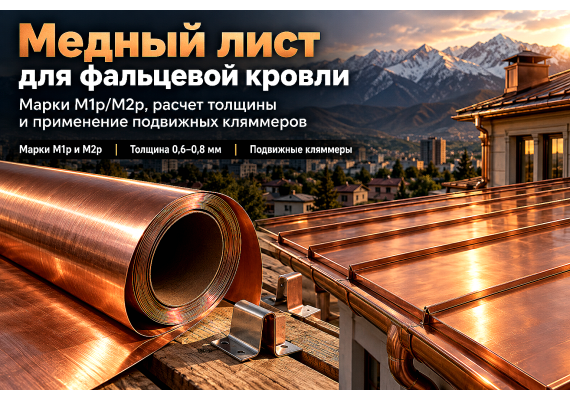 Кровельный медный лист: выбор толщины, марок М1р и М2р, расчет кляммеров и монтаж фальцевой кровли в Алматы