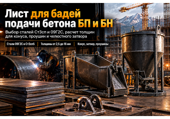 Лист горячекатаный для бадей подачи бетона («туфелек» и «колокольчиков»): выбор стали 09Г2С и Ст3сп, расчет толщины и сварка в Казахстане