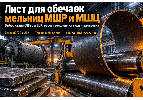 Лист горячекатаный для барабанов шаровых и стержневых мельниц (МШР, МШЦ, МСЦ): выбор стали 09Г2С, расчет толщины обечаек, вальцовка и монтаж футеровки в Казахстане