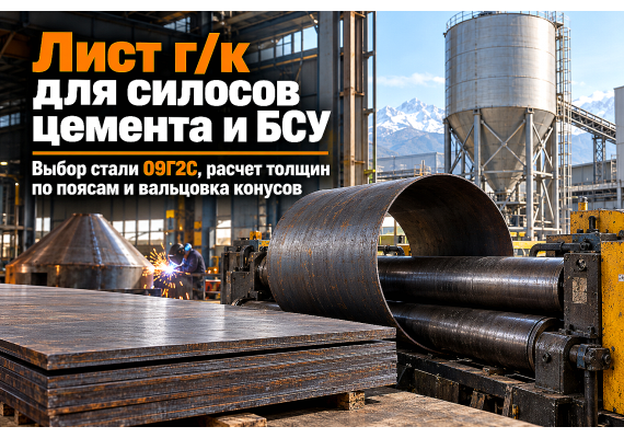 Лист горячекатаный для силосов цемента и бункеров БСУ: расчет толщины, выбор стали 09Г2С, вальцовка и монтаж в Казахстане