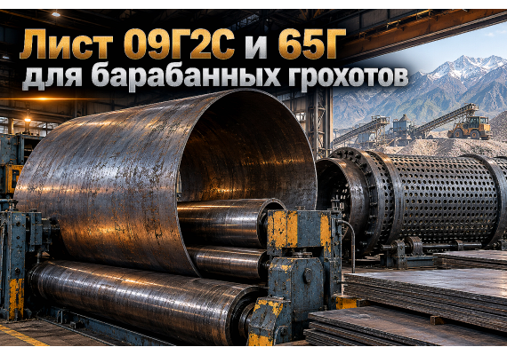 Лист горячекатаный для барабанных грохотов (троммелей) и скруббер-бутар: выбор стали 09Г2С и 65Г, расчет толщины и вальцовка в Казахстане