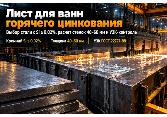 Лист горячекатаный для ванн горячего цинкования: выбор стали с ограничением по кремнию (Si ≤ 0,02%), расчет толщины стенок 40–60 мм и сварка в Казахстане