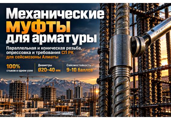 Муфты для механического соединения арматуры: коническая и параллельная резьба, опрессовка и нормы СП РК в Алматы