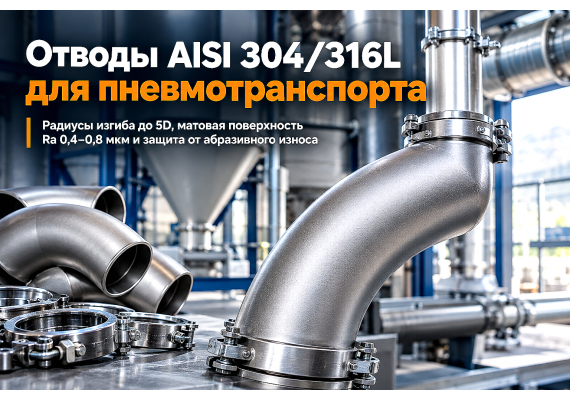 Отводы нержавеющие матовые AISI 304 и 316 для пневмотранспорта: радиусы, толщина стенки и защита от износа
