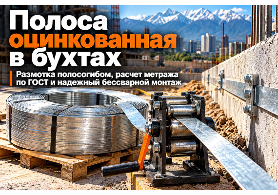 Полоса оцинкованная в бухтах: размотка, выпрямление полосогибами, расчет метража по весу и монтаж в Алматы