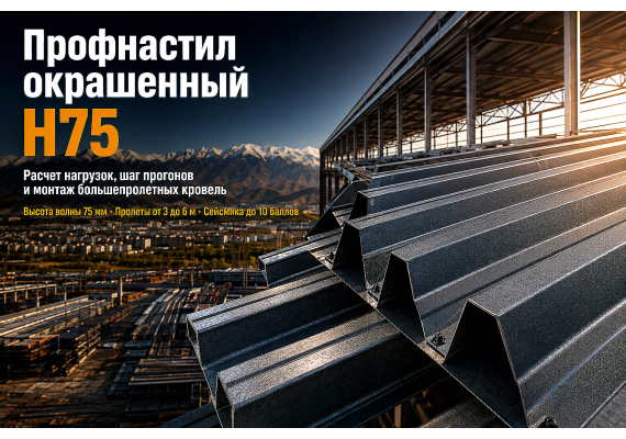 Профнастил окрашенный Н75: расчет несущей способности, шаг прогонов и монтаж большепролетных кровель в Алматы