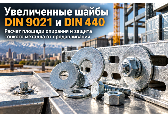 Шайбы увеличенные DIN 9021 и DIN 440: расчет площади опирания, защита тонкого металла от смятия и монтаж в Казахстане