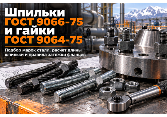 Шпильки для фланцевых соединений по ГОСТ 9066-75 и гайки ГОСТ 9064-75: выбор марок стали, расчет длины и правила затяжки