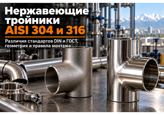 Тройники нержавеющие AISI 304 и AISI 316: выбор равнопроходных и переходных типов, стандарты DIN/ГОСТ и монтаж в Казахстане