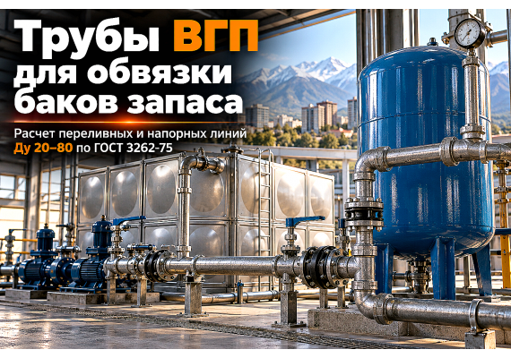 Водогазопроводные трубы ГОСТ 3262-75 для обвязки баков запаса воды и гидроаккумуляторов: расчет переливных и напорных линий Ду 20–80 в Алматы