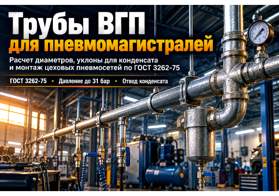 Водогазопроводные трубы ГОСТ 3262-75 для пневмомагистралей и сжатого воздуха: расчет диаметров, уклоны для конденсата и монтаж цеховых сетей