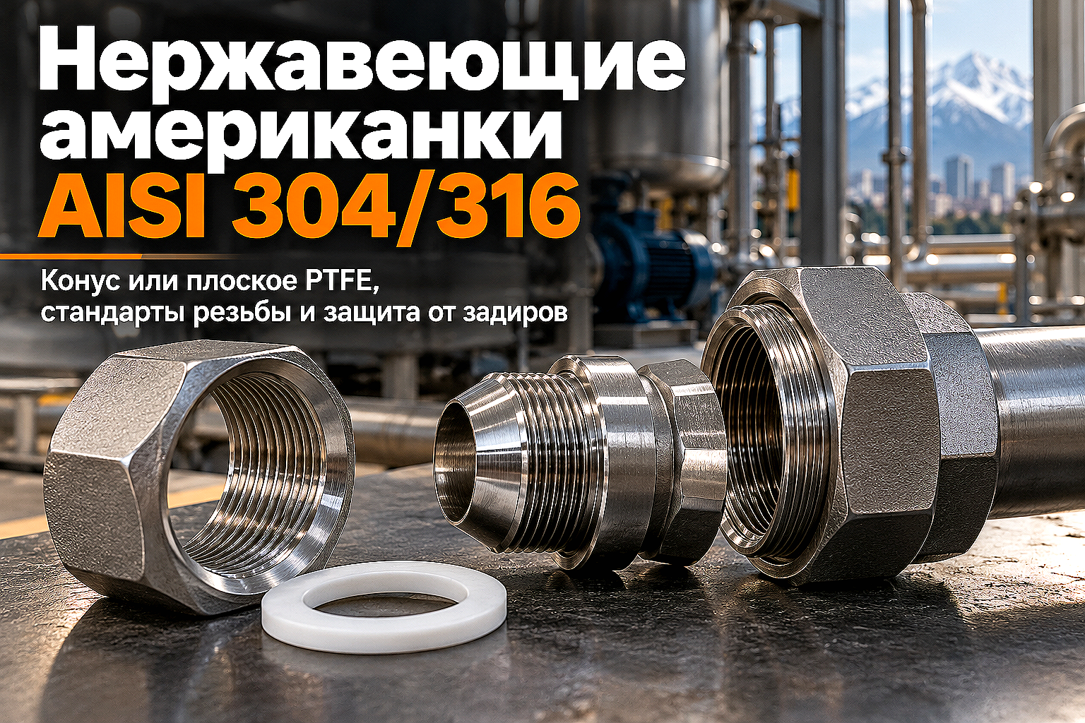 Муфты разъемные нержавеющие (американки) AISI 304 и 316: выбор уплотнения, защита от задиров резьбы и монтаж