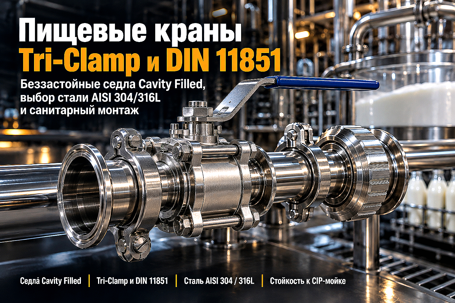 Краны нержавеющие пищевые Tri-Clamp и DIN 11851: выбор стали AISI 304/316L, беззастойные седла и санитарный монтаж