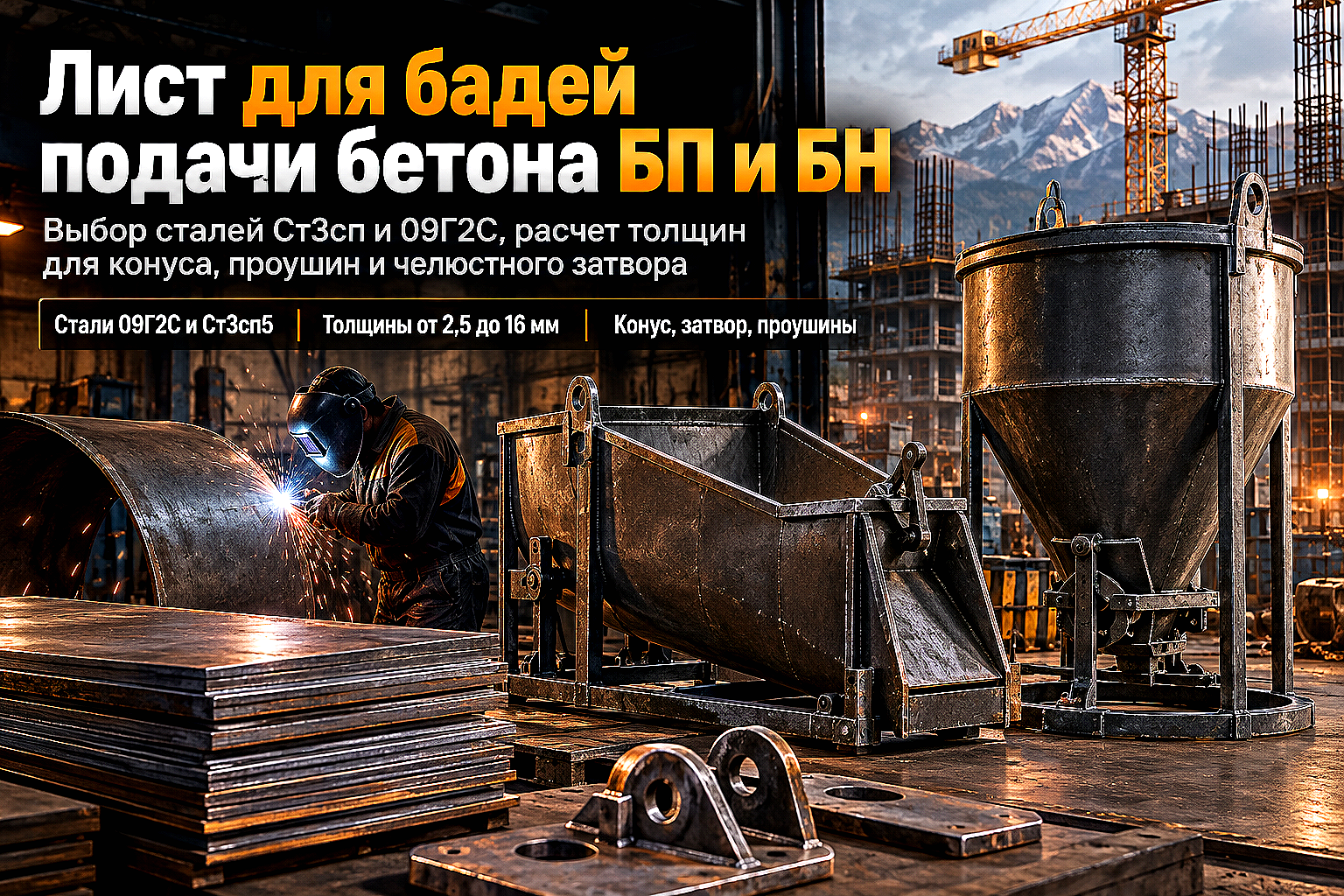 Лист горячекатаный для бадей подачи бетона («туфелек» и «колокольчиков»): выбор стали 09Г2С и Ст3сп, расчет толщины и сварка