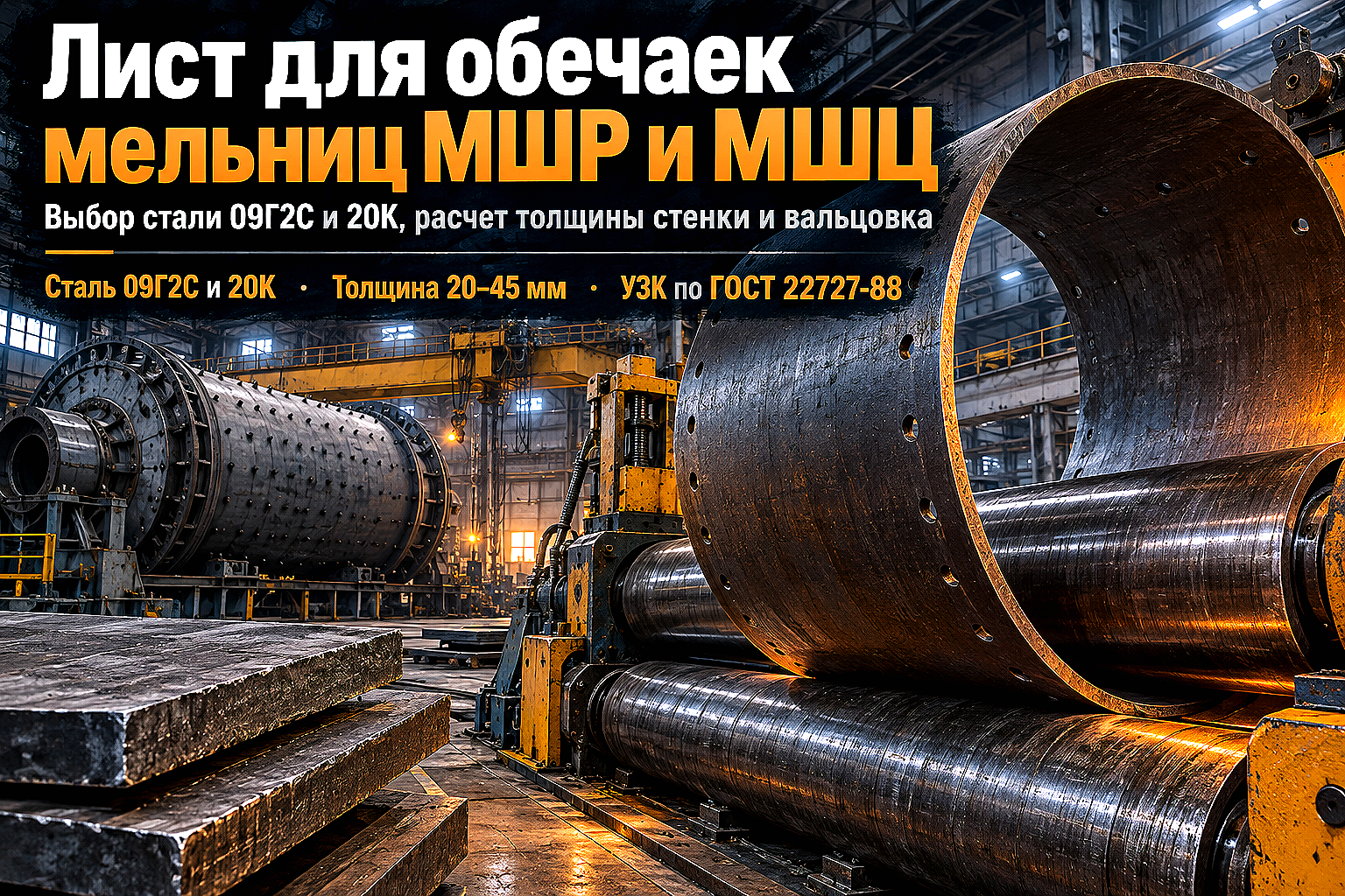 Лист горячекатаный для барабанов шаровых и стержневых мельниц (МШР, МШЦ): выбор стали 09Г2С, расчет толщины обечайки и вальцовка