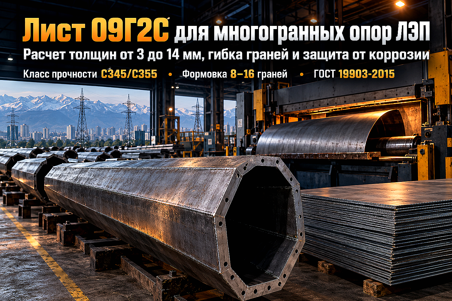 Лист горячекатаный для многогранных опор ЛЭП и мачт освещения: выбор стали 09Г2С, гибка и антикоррозийная защита
