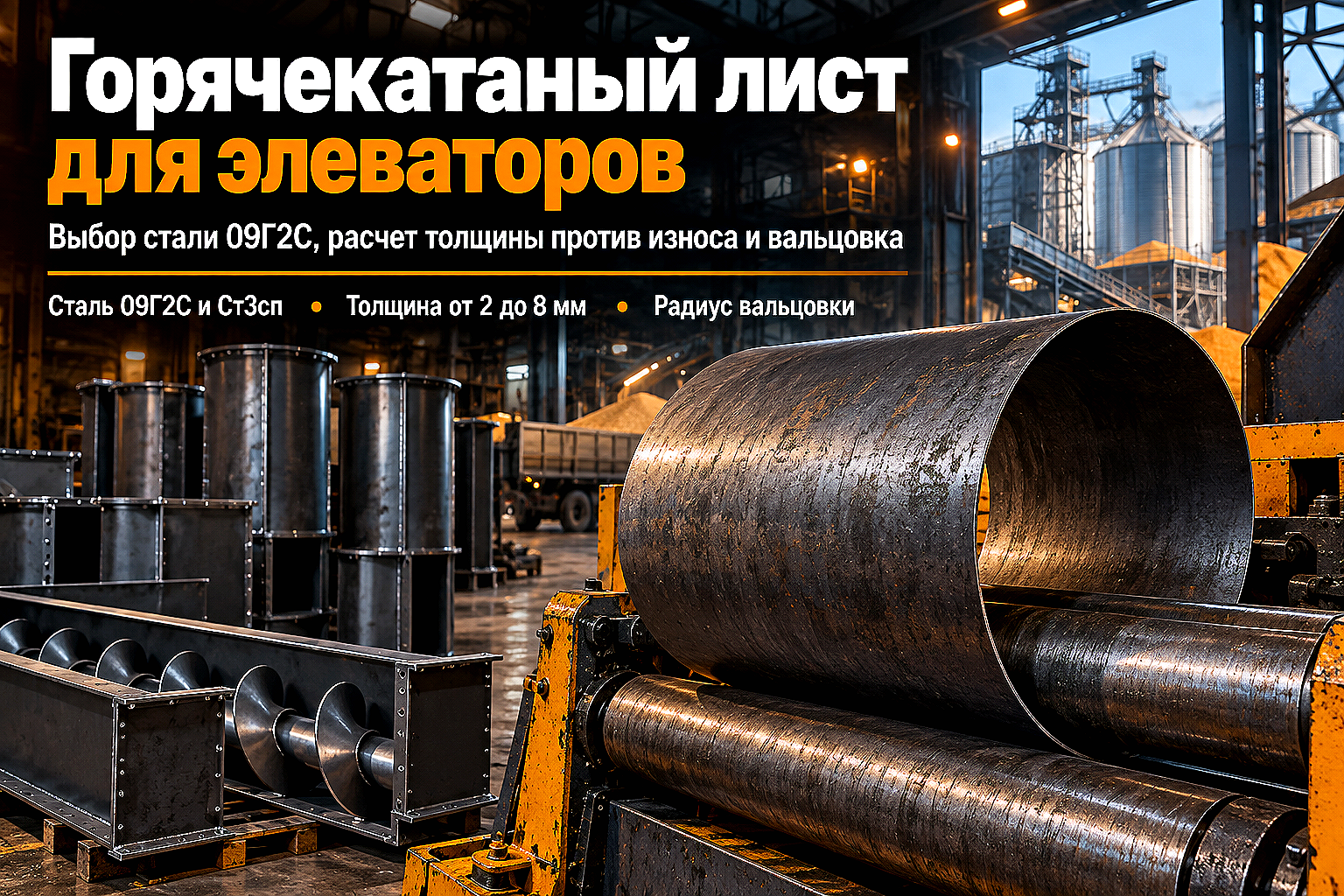 Лист горячекатаный для норий, шнеков и самотеков элеваторов: выбор марки стали, расчет толщины против истирания и вальцовка