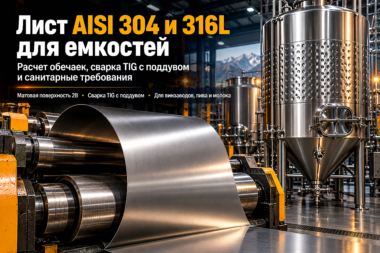 Лист нержавеющий AISI 304 и AISI 316L для пищевых емкостей: расчет толщины обечаек, сварка TIG и пассивация швов