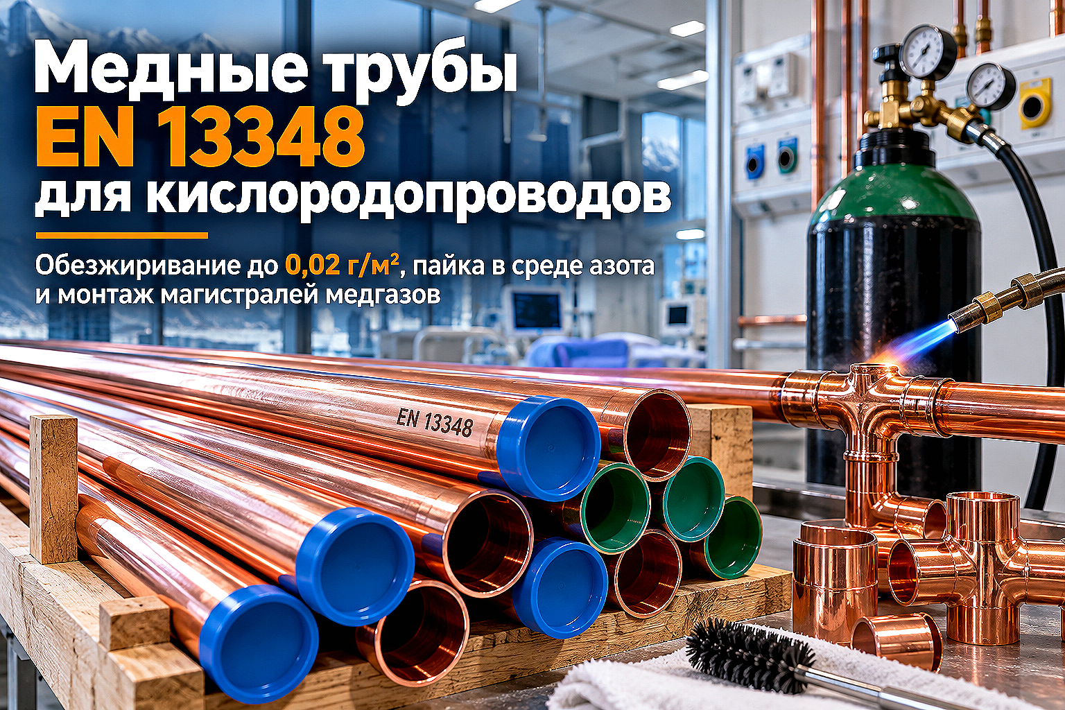 Медная труба для медицинских газов и кислородопроводов: стандарты EN 13348, обезжиривание, пайка в азоте и монтаж
