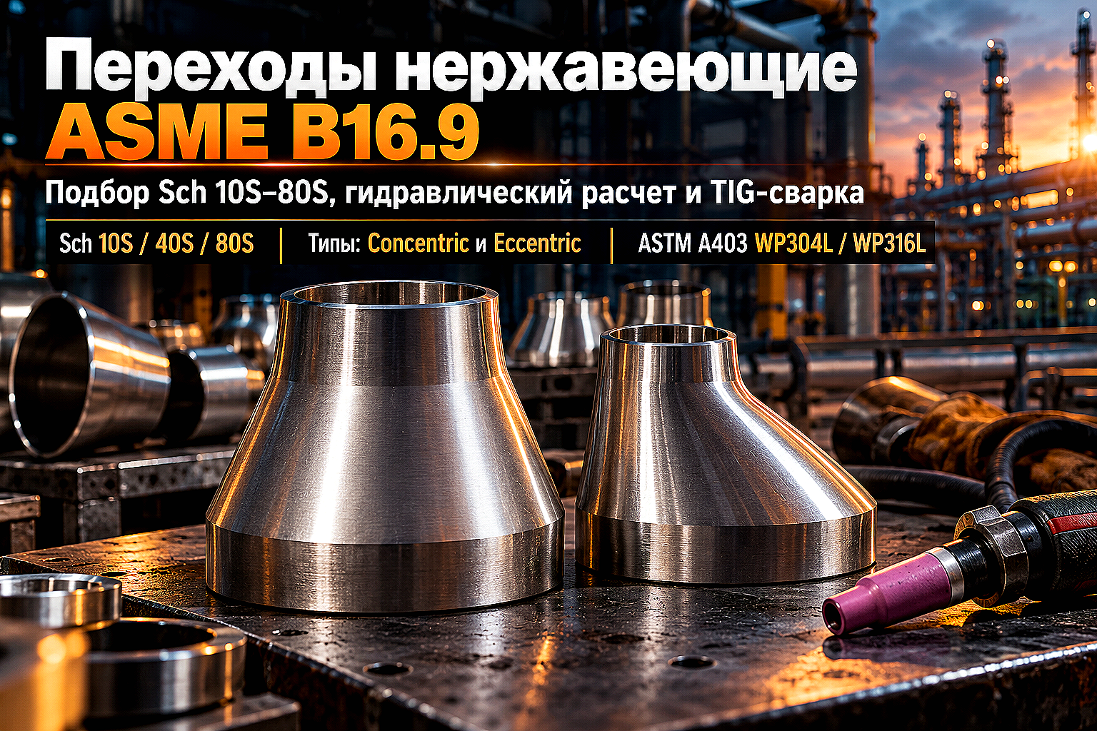 Переходы нержавеющие конические ASME B16.9 (Sch 10S–80S): выбор типов, гидравлический расчет и сварка в Казахстане