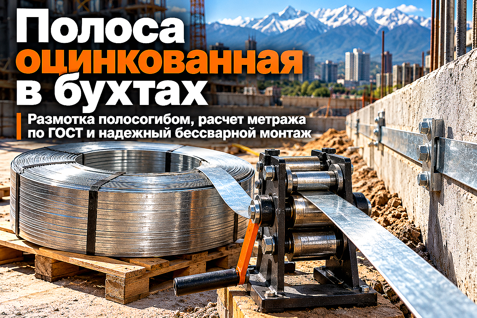 Полоса оцинкованная в бухтах: размотка, выпрямление полосогибами, расчет метража по весу и монтаж