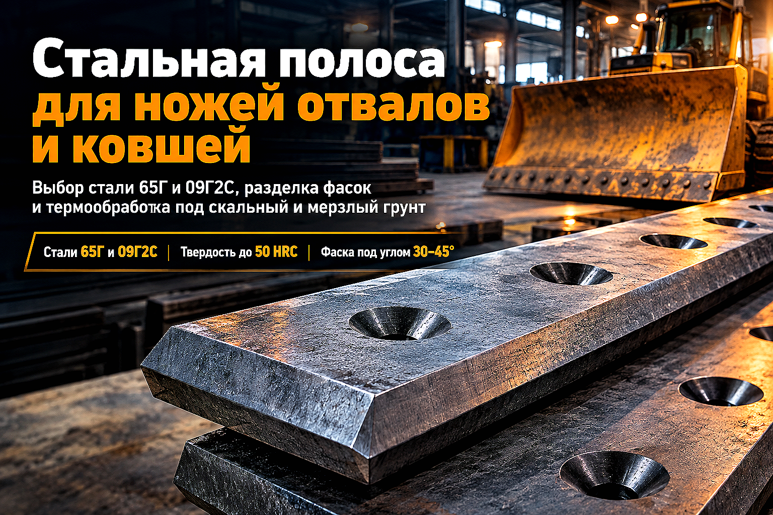 Профиль фасонный полоса для ножей бульдозеров, автогрейдеров и ковшей: выбор стали 65Г и 09Г2С, снятие фасок и зенковка