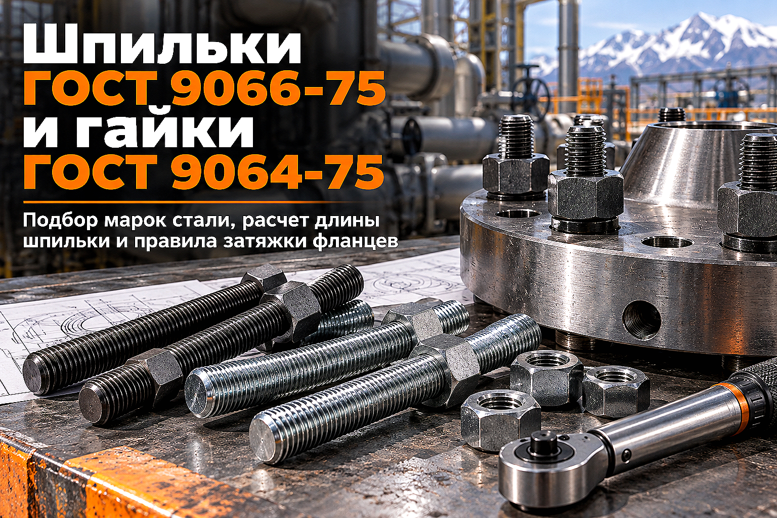 Шпильки для фланцевых соединений ГОСТ 9066-75 и гайки ГОСТ 9064-75: выбор стали, расчет длины и затяжка