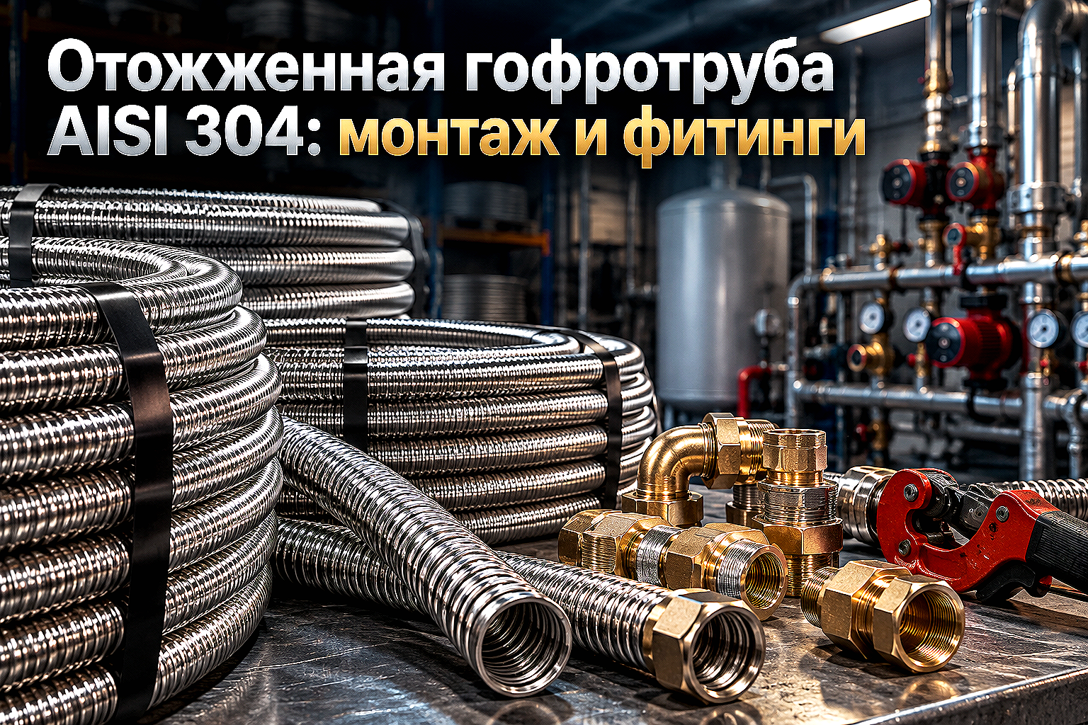 Труба гофрированная нержавеющая отожженная: выбор стали AISI 304, фитингов и монтаж без сварки