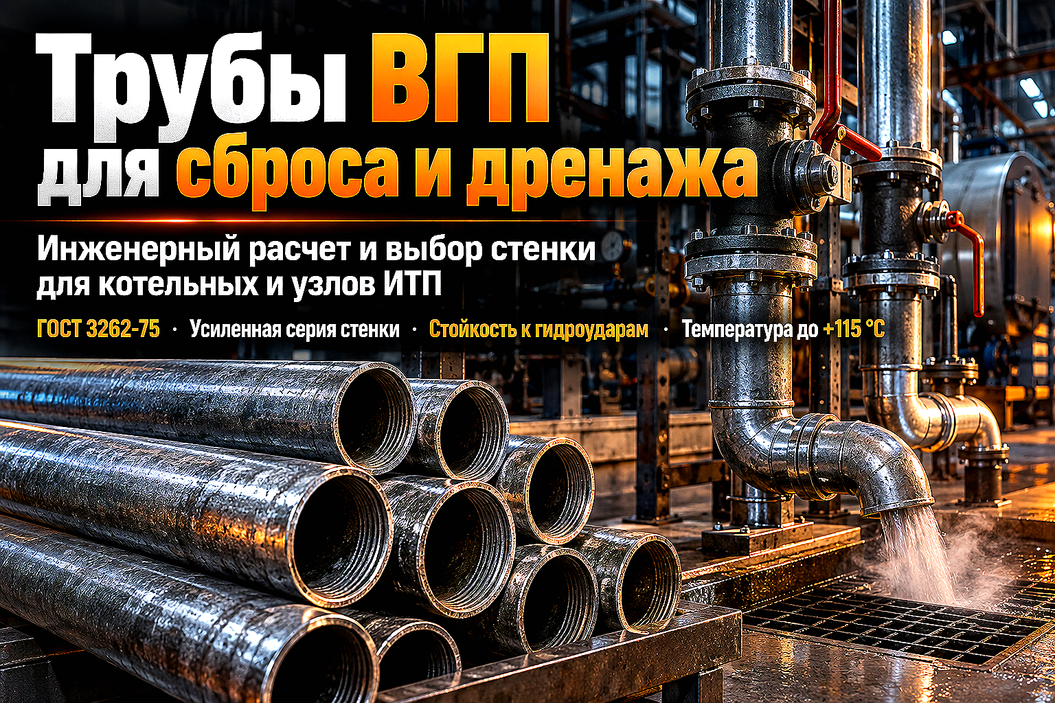 Водогазопроводные трубы ГОСТ 3262-75 для линий аварийного сброса, дренажа и продувки в ИТП